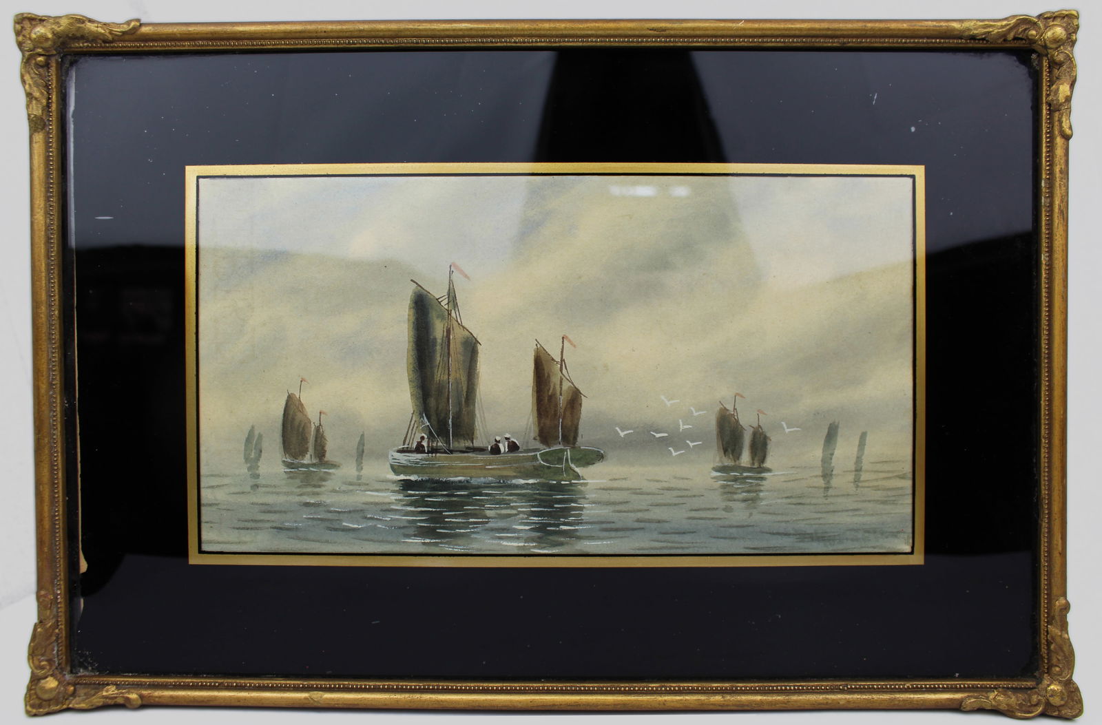 Late Victorian Boats Watercolour With Verre Eglomise Surround (1 of 5)
