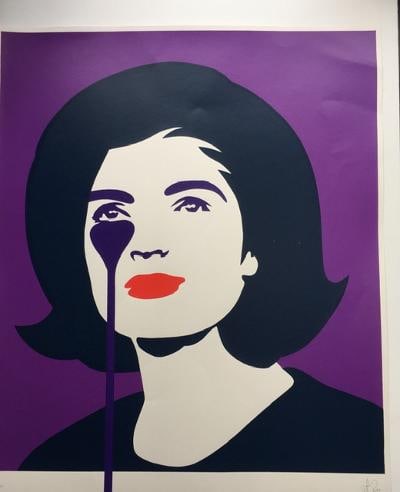 Pure Evil (English 1968) Purple ‘Jackie Kennedy In Tears’, Screenprint, Signed Numbered : Title: Pure Evil (English 1968) Purple ‘Jackie Kennedy In Tears’, Screenprint, Signed Numbered Limited Ed Description: PURE EVIL, Graffiti and Stencil by