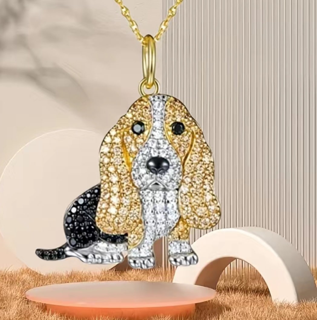 New! Beagle Pendant: Title: New! Beagle Pendant Description: New! Cute Beagle Pendant with Chain. Rhinestones adorn this lovely pendant. Made fro