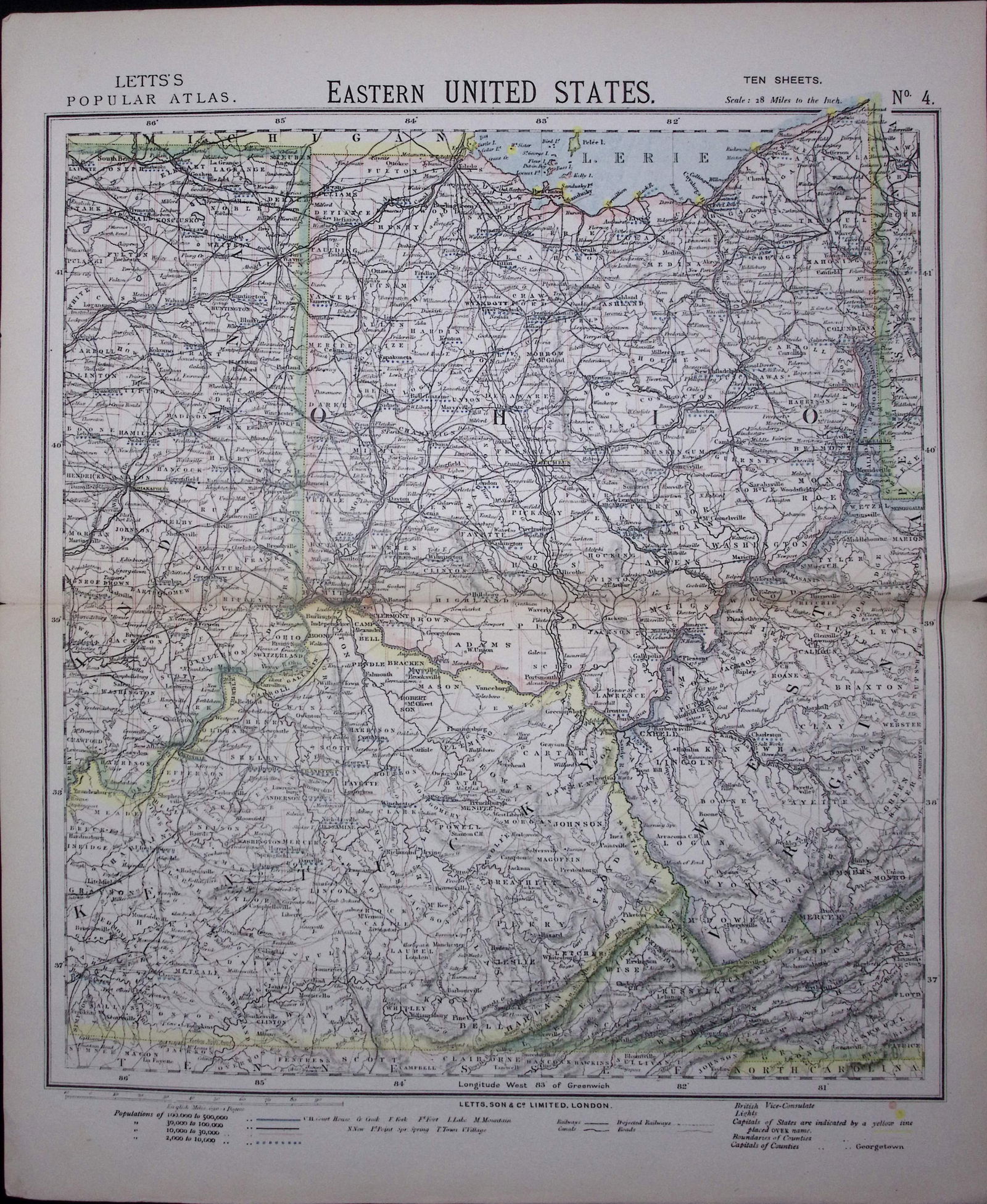 1883 Antique Letts Map United States Ohio, West Virginia, Kentucky, Indiana-4 (1 of 1)