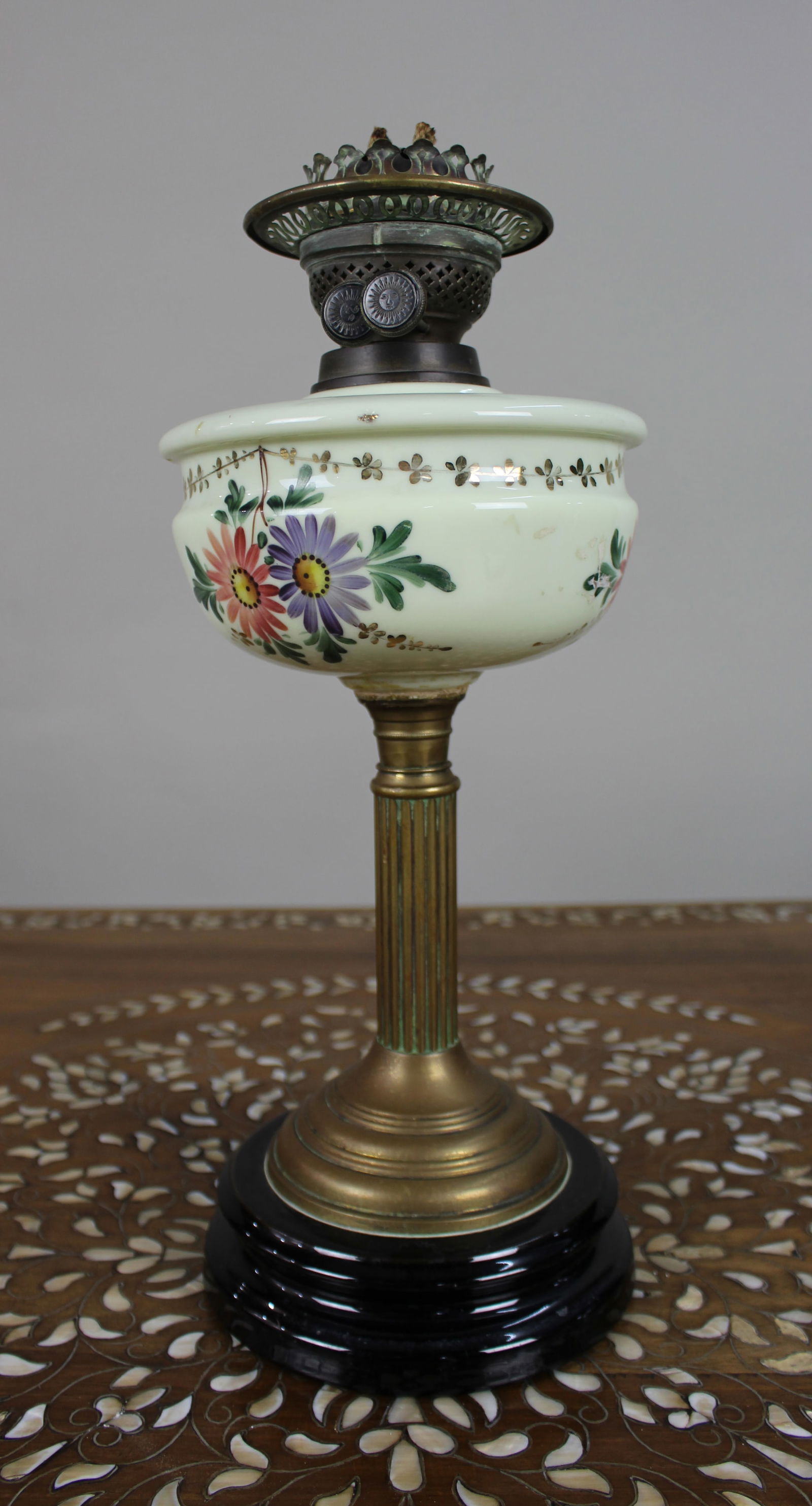 Victorian Oil Lamp with Hand-Painted Floral Font, c.1880: Title: Victorian Oil Lamp with Hand-Painted Floral Font, c.1880Description: Condition: UsedLocation<