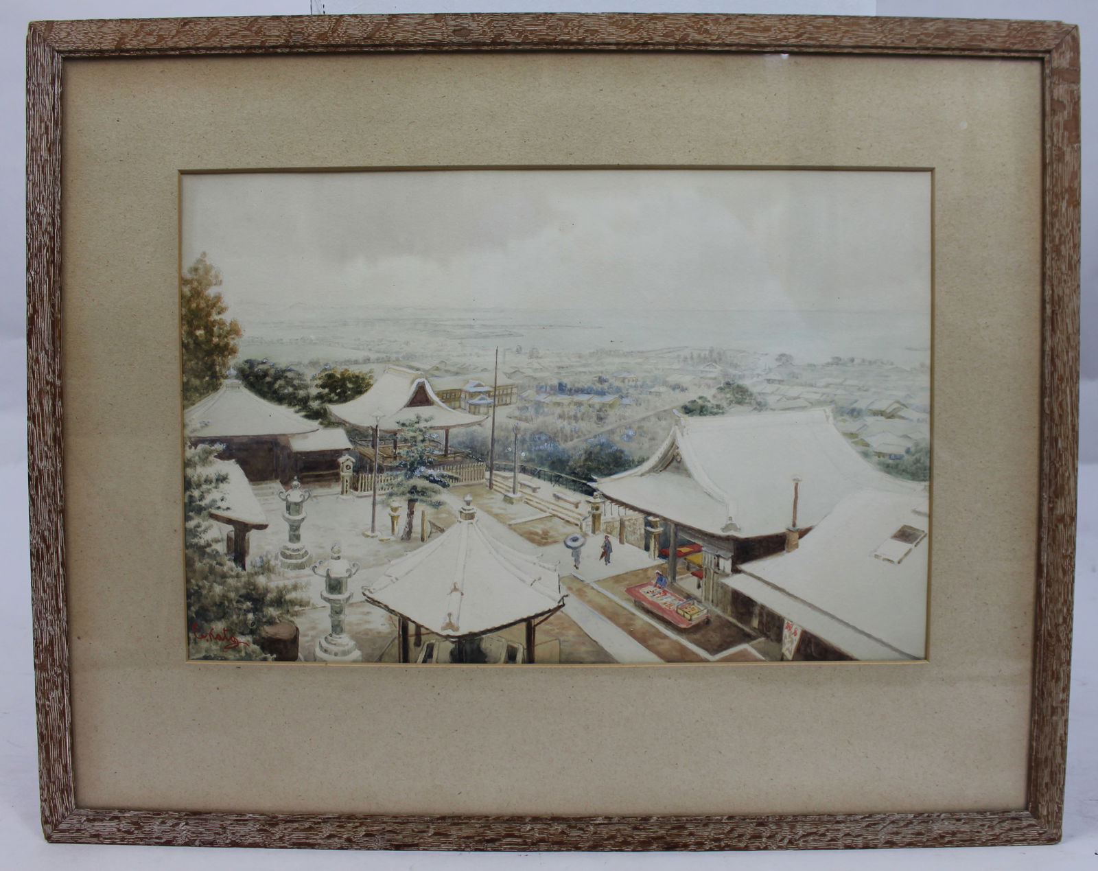 Japanese Watercolour – Snow-Covered Temple by E. Matsu c.1900 (1 of 4)