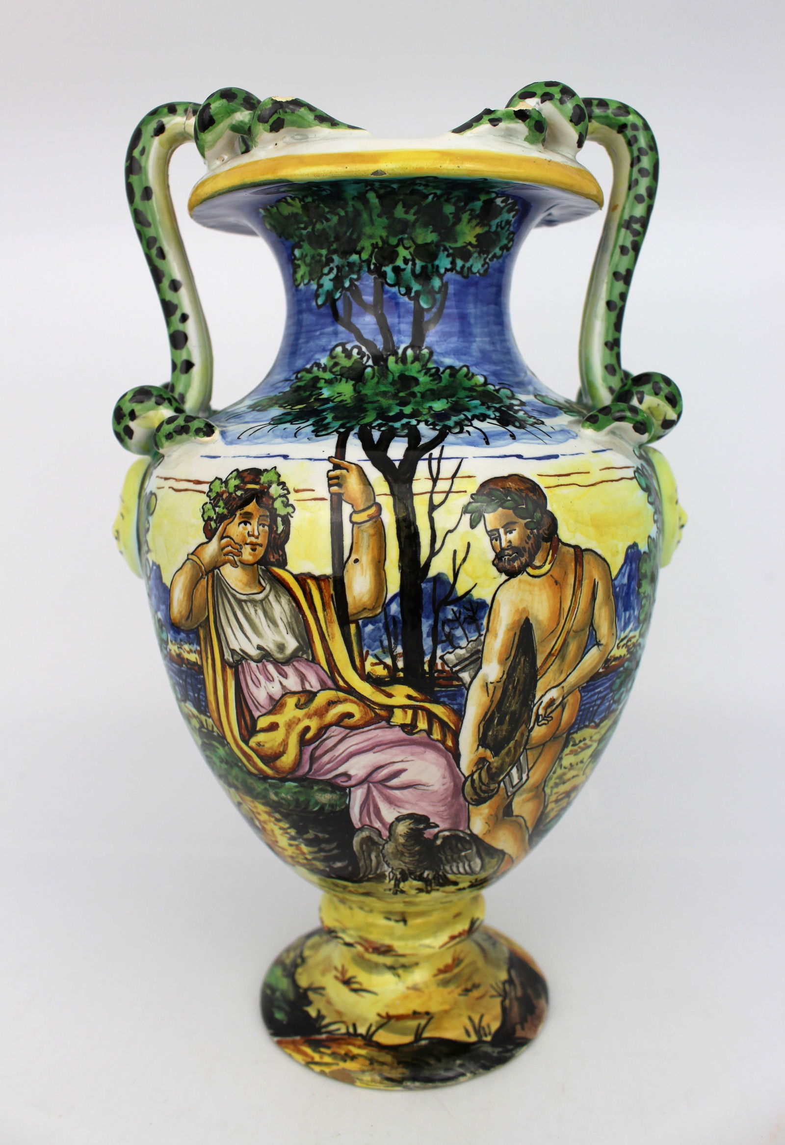 Hand-Painted Italian Majolica Two-Handled Vase with Serpent Handles c.1900 (1 of 6)