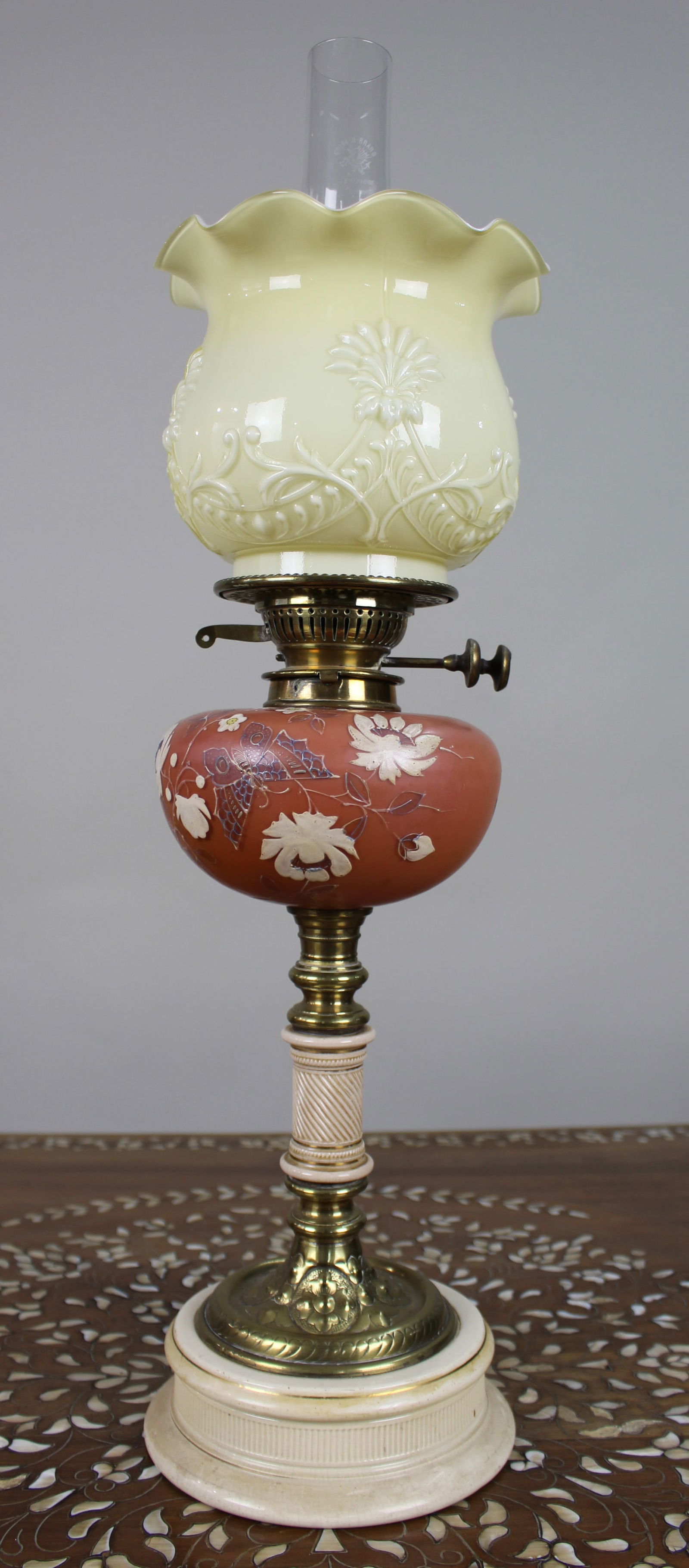 Victorian Oil Lamp with Painted Floral Font and Duplex Burner, c.1890: Title: Victorian Oil Lamp with Painted Floral Font and Duplex Burner, c.1890Description: Condition: Used