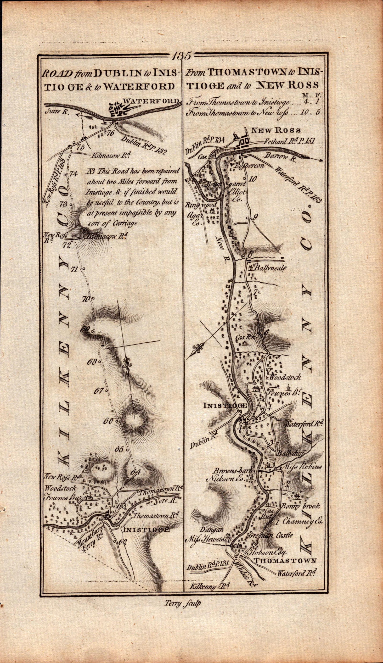 Ireland Rare Antique 1777 Map Dublin to Waterford Athy Co Kilkenny Co Kildare-136: Title: Ireland Rare Antique 1777 Map Dublin to Waterford Athy Co Kilkenny Co Kildare-136 Description: This Rare Irish Road Map Has Been Removed from a First Edition Copy of. T