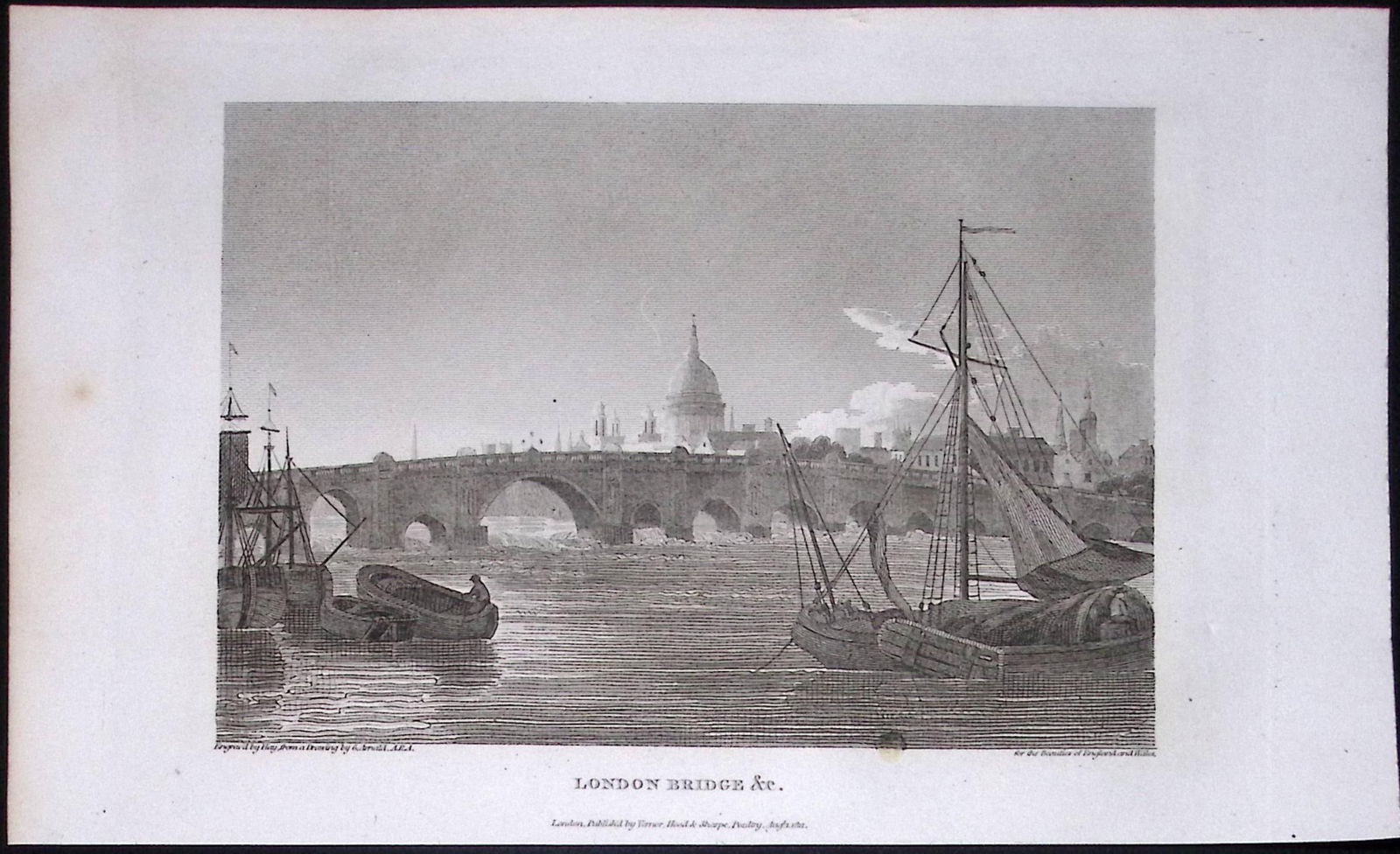 London Bridge From the Thames Antique 200 Years-Old Steel-Engraving-95 (1 of 2)
