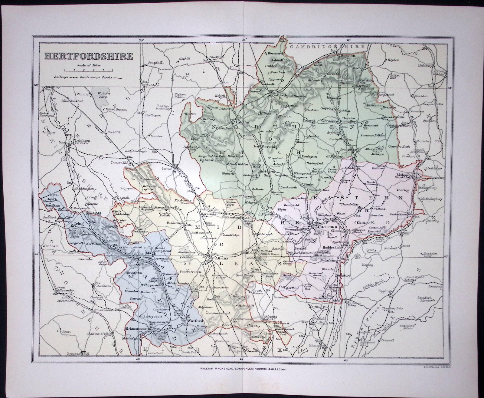 Hertfordshire 1894 Coloured Antique 130 Years-Old Map.: Title: Hertfordshire 1894 Coloured Antique 130 Years-Old Map. Description: This is an 1894 Antique Coloured Map Which Has Been Removed. From an Antique Edition of