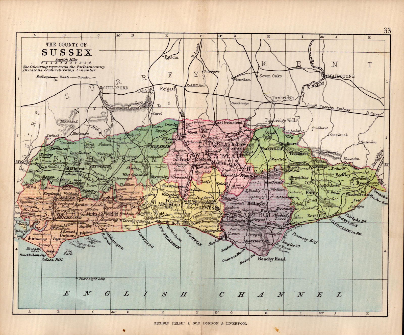 County Sussex 1895 Antique Victorian Detailed Coloured Map. (1 of 2)