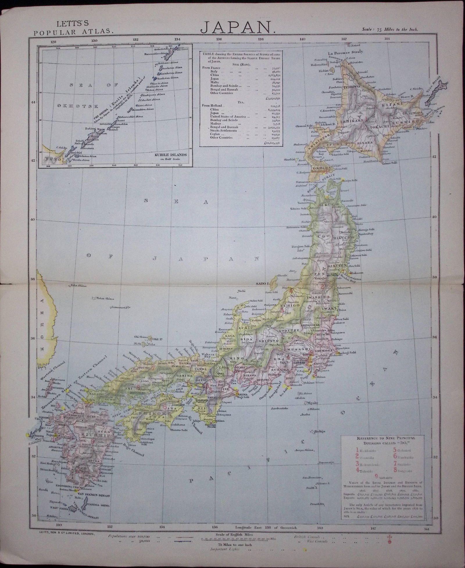 1883 Antique Coloured Letts Map Japan, Kurile Islands, Korea-28 (1 of 1)