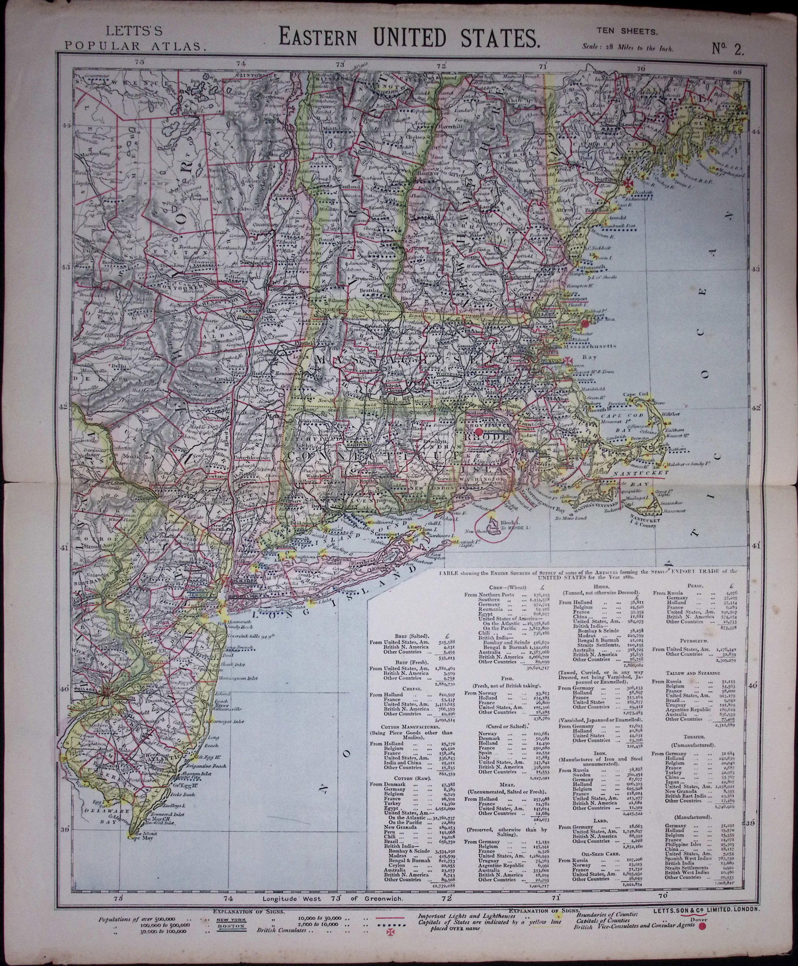 1883 Antique Letts Map United States Long Island, New Jersey, Connecticut, Maine-2 (1 of 1)