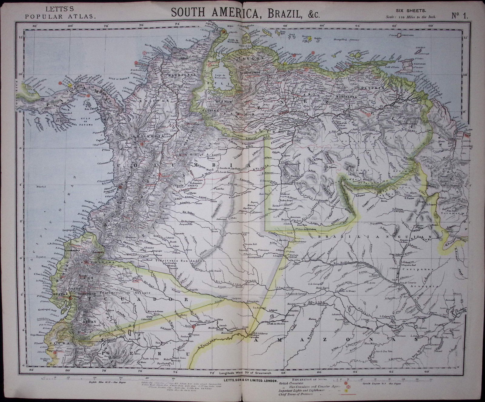 1883 Antique Coloured Letts Map South America Brazil, Columbia-17 (1 of 1)