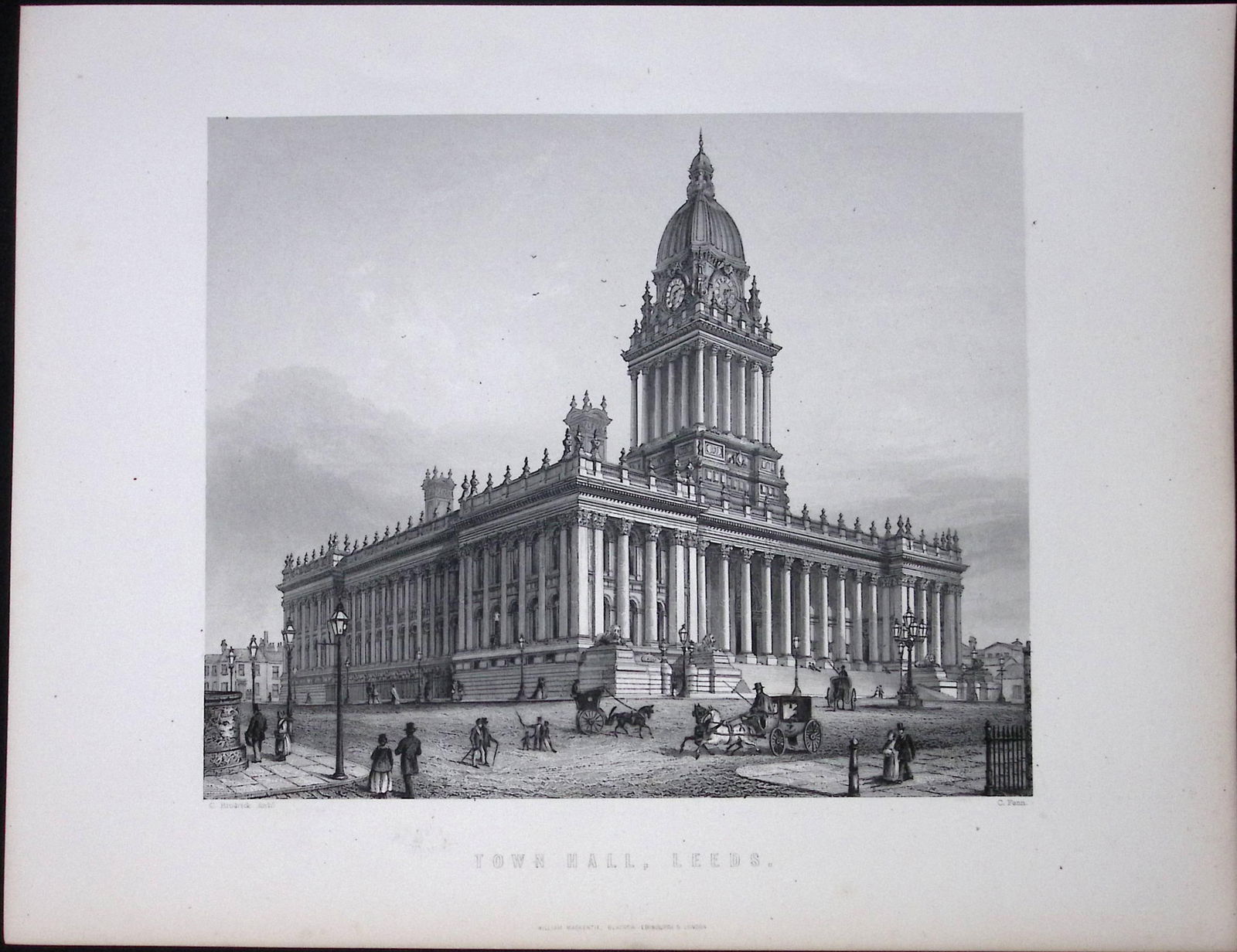 Yorkshire the Town Hall Leeds Antique Victorian 150 Years-Old Engraving-8 (1 of 2)
