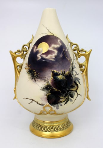 Royal Worcester Blush Ivory Vase with Moonlit Bird Scene, Dated 1887 â€” Damaged (1 of 6)