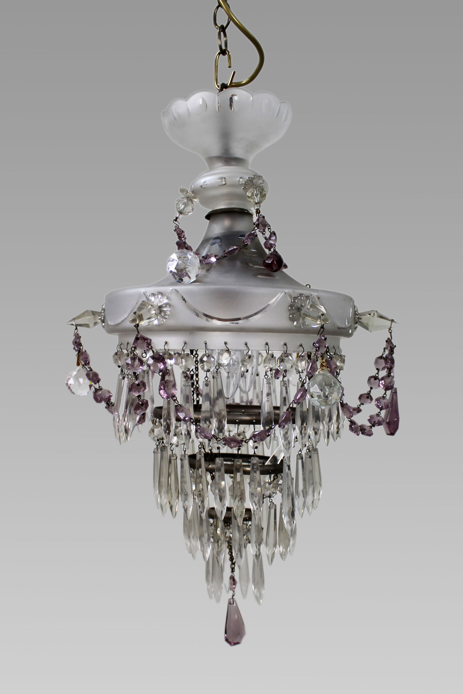 Vintage Crystal Amethyst Chandelier: Title: Vintage Crystal Amethyst Chandelier Description: Vintage Crystal Amethyst ChandelierVintage early/mid twentieth century. Width 35 cmDrop (excluding chain) 54 cmGood condition. No crack