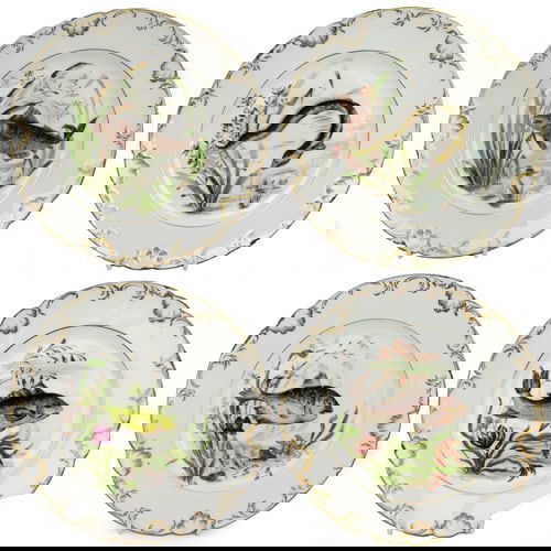 Set of 4 Edwardian Hand Painted Fish Plates, Signed Wolly Fowkes 1903 (1 of 18)