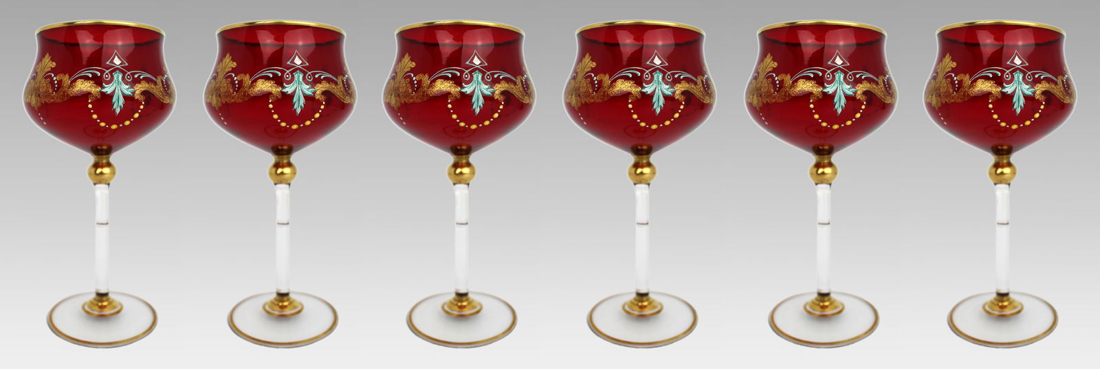 Set of 6 Vintage Italian Enamelled & Gilt Ruby Red Glass Goblets (1 of 7)
