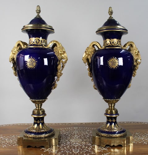 Pair of Fine Sevres Style Cobalt Blue Rams Head Lidded Urns (1 of 20)
