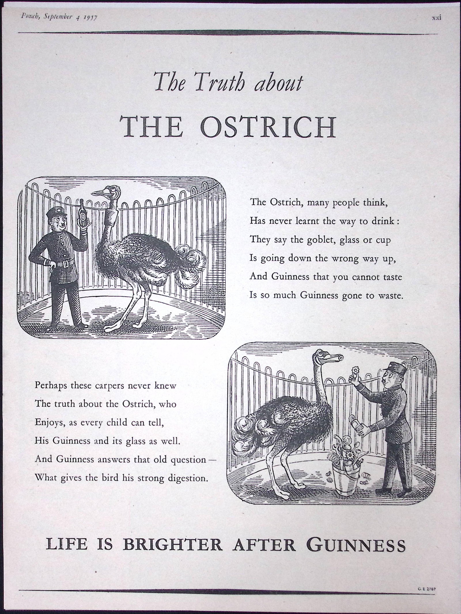 Guinness 68 Years-Old Advert 1957 The Ostrich Print: G.E.2787.: Title: Guinness 68 Years-Old Advert 1957 The Ostrich Print: G.E.2787. Description: Guinness 68 Years-Old Advert 1957 The Ostrich Print: G.E.2787.