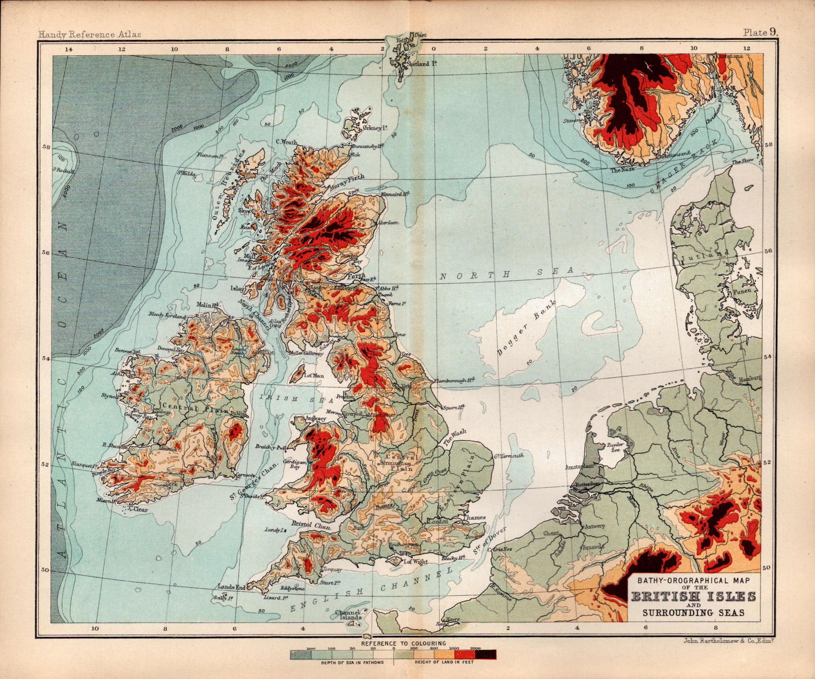 British Isles Bathy-Orographical Double Sided Victorian Antique 1898 Map.: Title: British Isles Bathy-Orographical Double Sided Victorian Antique 1898 Map. Description: This Antique Double-Sided Map Has Been Removed From an.