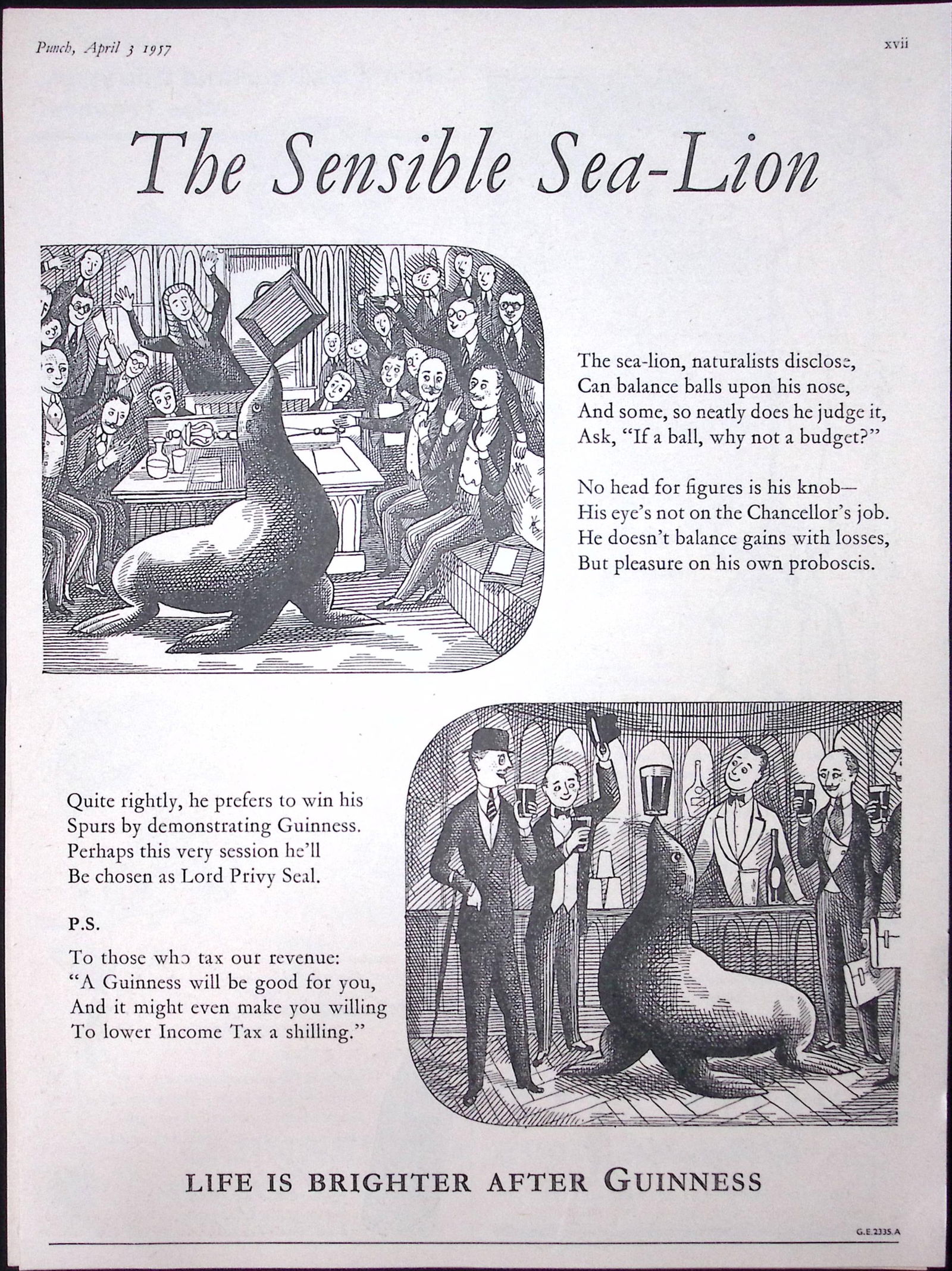 Guinness 68 Years-Old Advert 1957 Sensible Sea-Lion Print: G.E.2335-A (1 of 1)