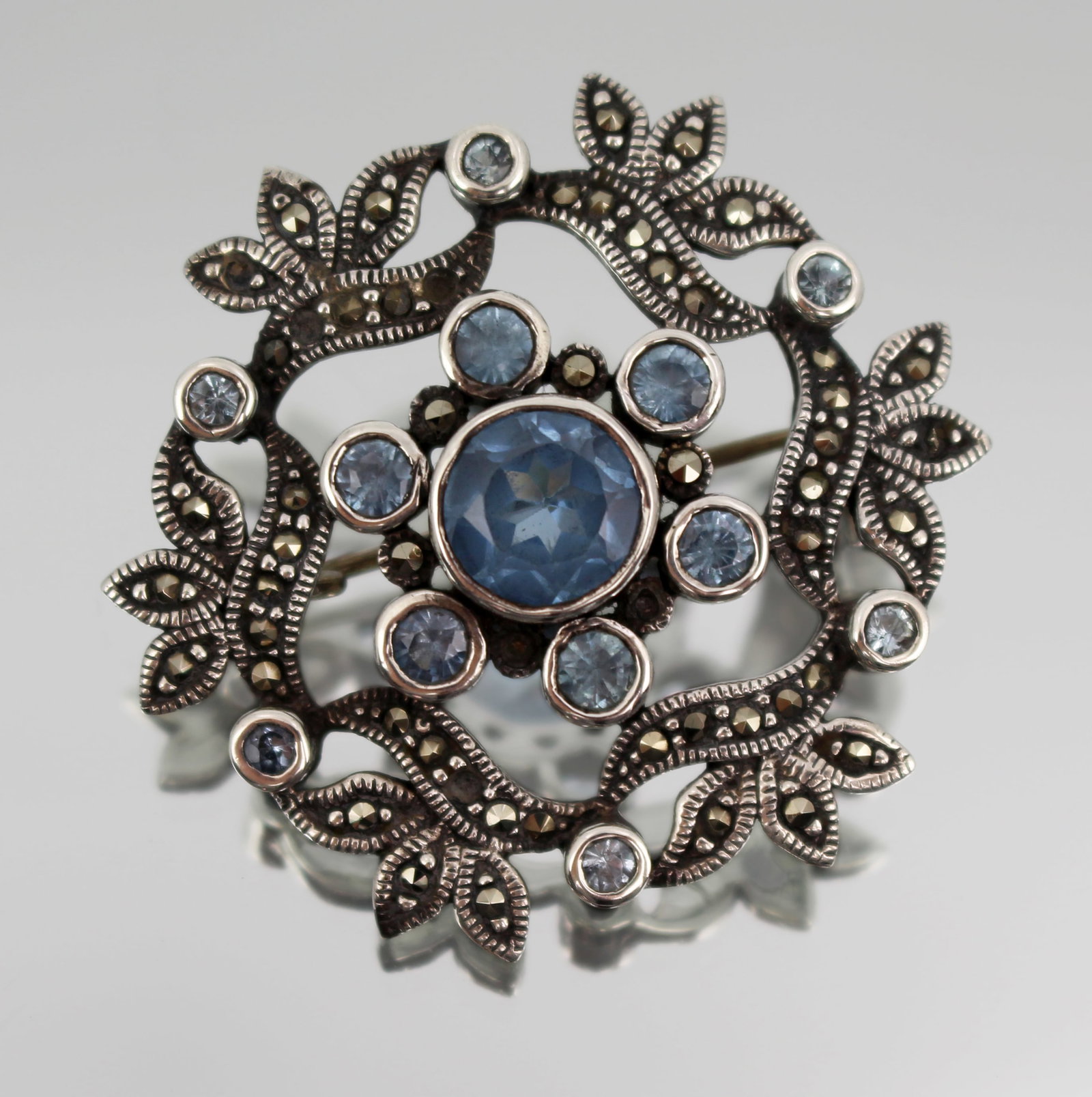 Vintage Silver, Marcasite & Blue Stone Brooch (1 of 3)