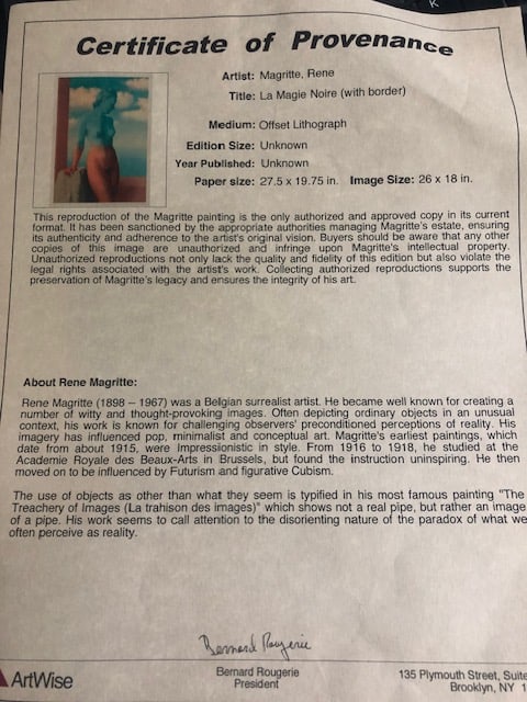Rene Magritte 'La Magie Noire' Certificate of Provenance. - 2