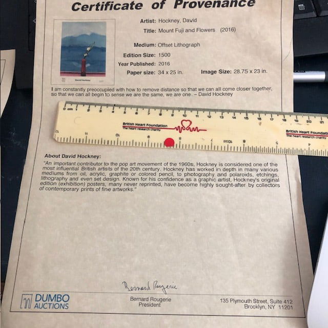David Hockney ""Mount Fuji and Flowers' 2016 Certificate of Provenance (Copy) - 2