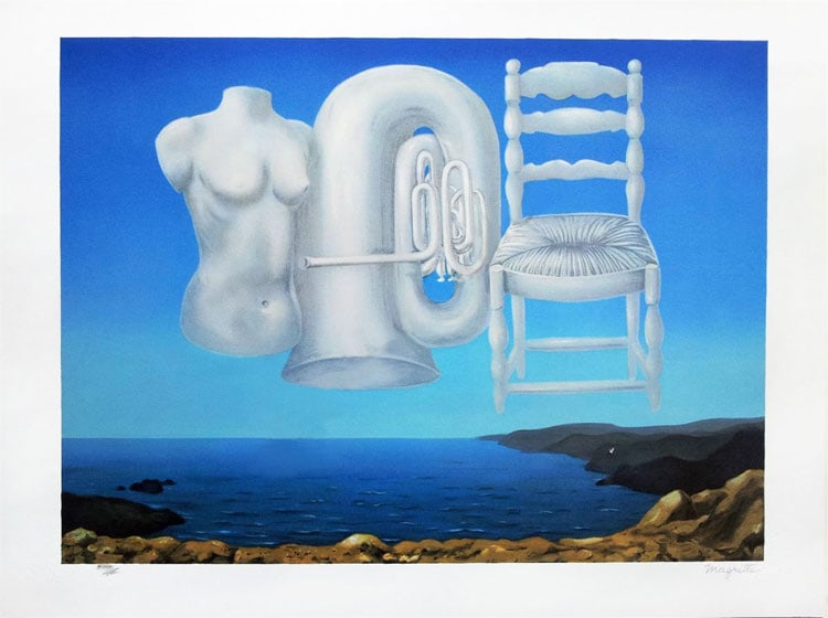 Two Rene Magritte 'Threatening Weather' and ""L' Heureux Donateur': Title: Two Rene Magritte 'Threatening Weather' and ""L' Heureux Donateur' Description: Rene Magritte. Wonderful bright reproduction of a Magritte classic titled 'Threatening