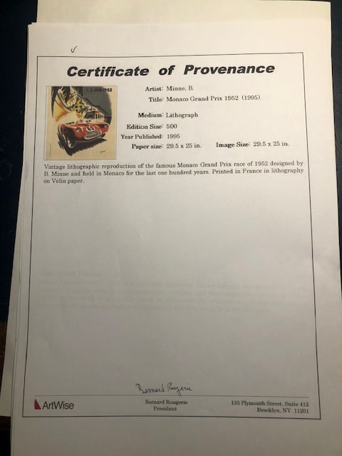 Vintage 1952 Monaco Grand Prix Poster, Limited Edition. 1995 Certificate of Provenance, - 2