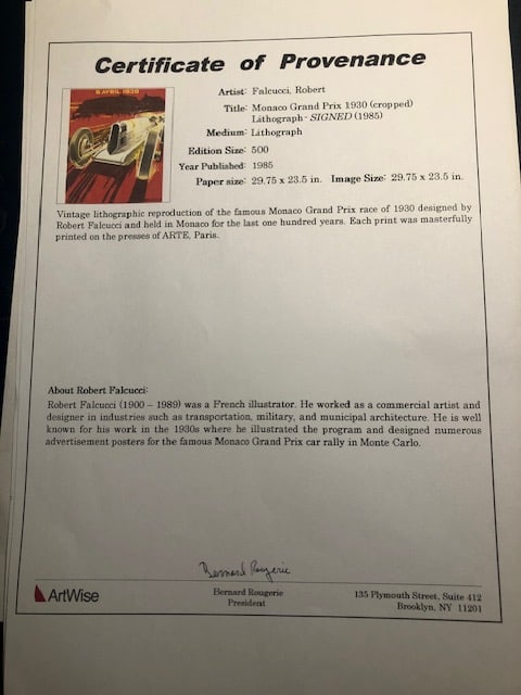 Vintage 1930 Monaco Grand Prix Poster. 1905 Signed (Maybe In Plate?) Certificate of Provenace. - 2