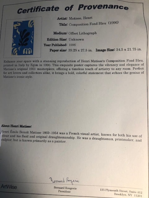 Three (3) Henri Matisse 'Composition Fond Bleu (1996). Certificate of Provenance. - 2