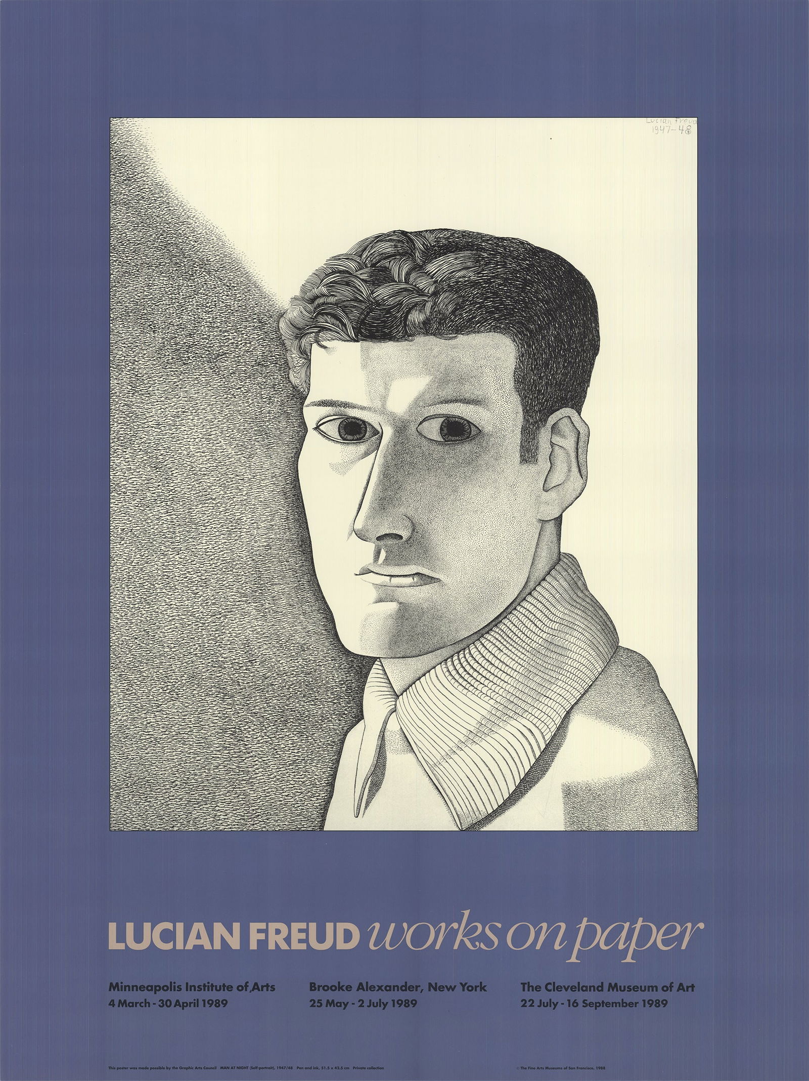 Lucien Freud 'Man at Night (Self Portrait) 1989: Title: Lucien Freud 'Man at Night (Self Portrait) 1989 Description: Exhibition poster created for Lucien Freud's Works on per Exhibition in 1979. Very good condition. Unframed. shipping can