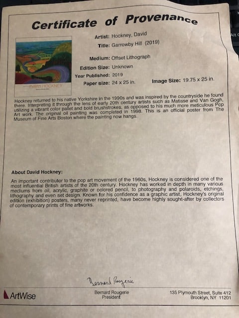 David Hockney 'Garrowby Hill' (2019) Certificate of Provenenace - 2