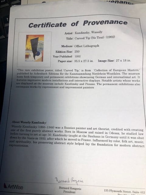 Three (3) Kandinsky 'Curved Tip' 1992 Certificate of Provenance. Limited Edition (250) - 2