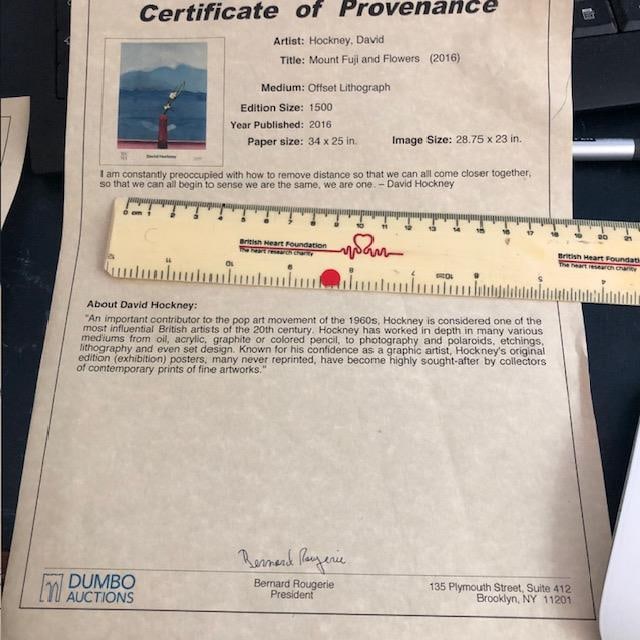 David Hockney ""Mount Fuji and Flowers' 2016 Certificate of Provenance (Copy) - 2