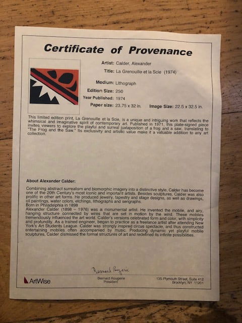 Three (3) Alexander Calder 'La Grenouille Et La Scie' 1974. Certificate of Provenance. - 2