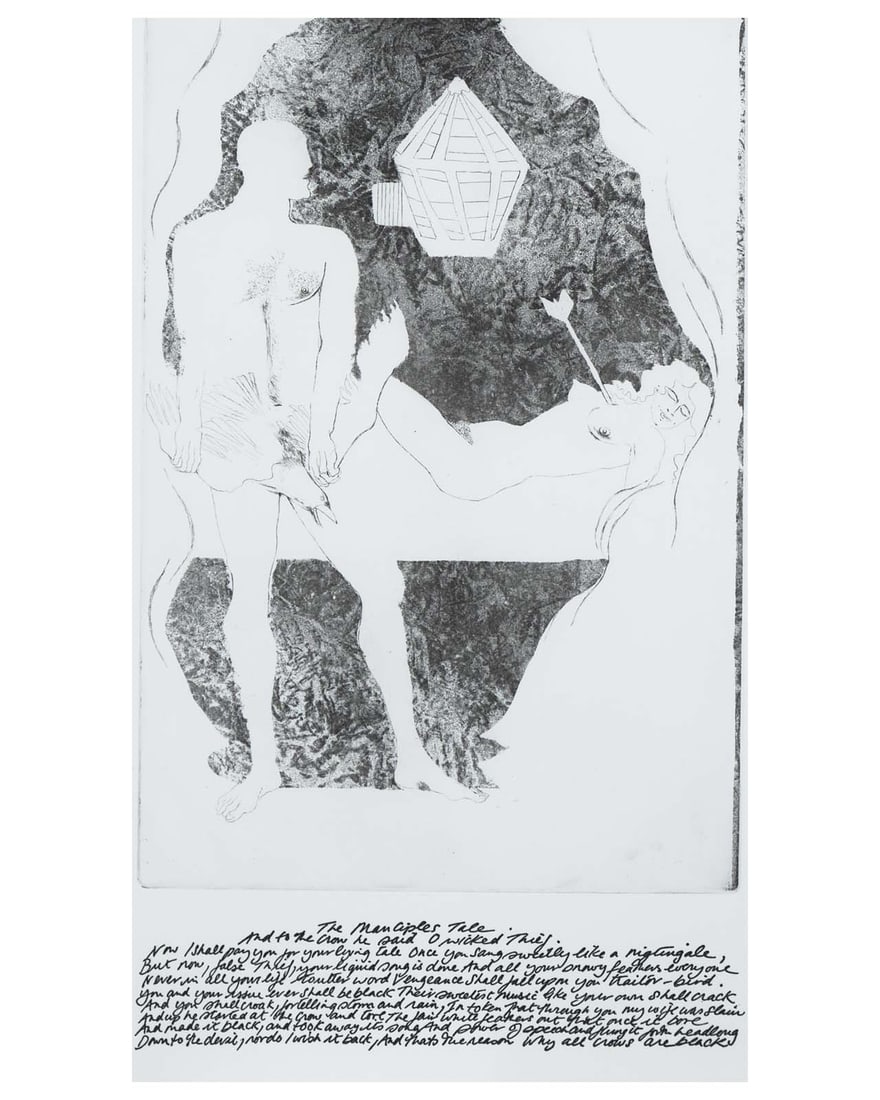 Elizabeth Frink - 'The Manciple's Tale' 1972: Title: Elizabeth Frink - 'The Manciple's Tale' 1972 Description: Dame Elizabeth Frink (1930-1993). The Manciple's Tale. An etching from Chaucer's Canterbury Tales. Published by
