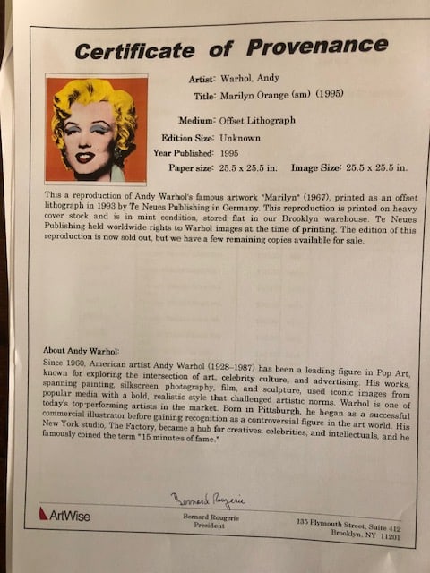 Andy Warhol 'Marilyn Orange' Certificate of Provenance 1995 - 2