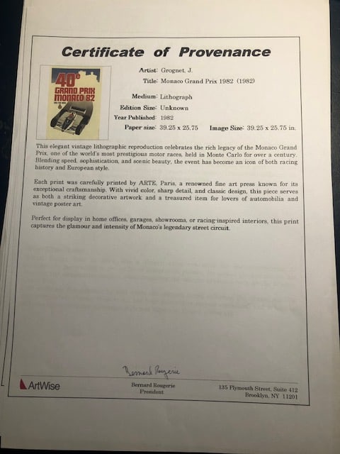 Vintage 1956 Monaco Grand Prix Poster. Limited Edition (500). 1987 Certificate of Provenance. - 2