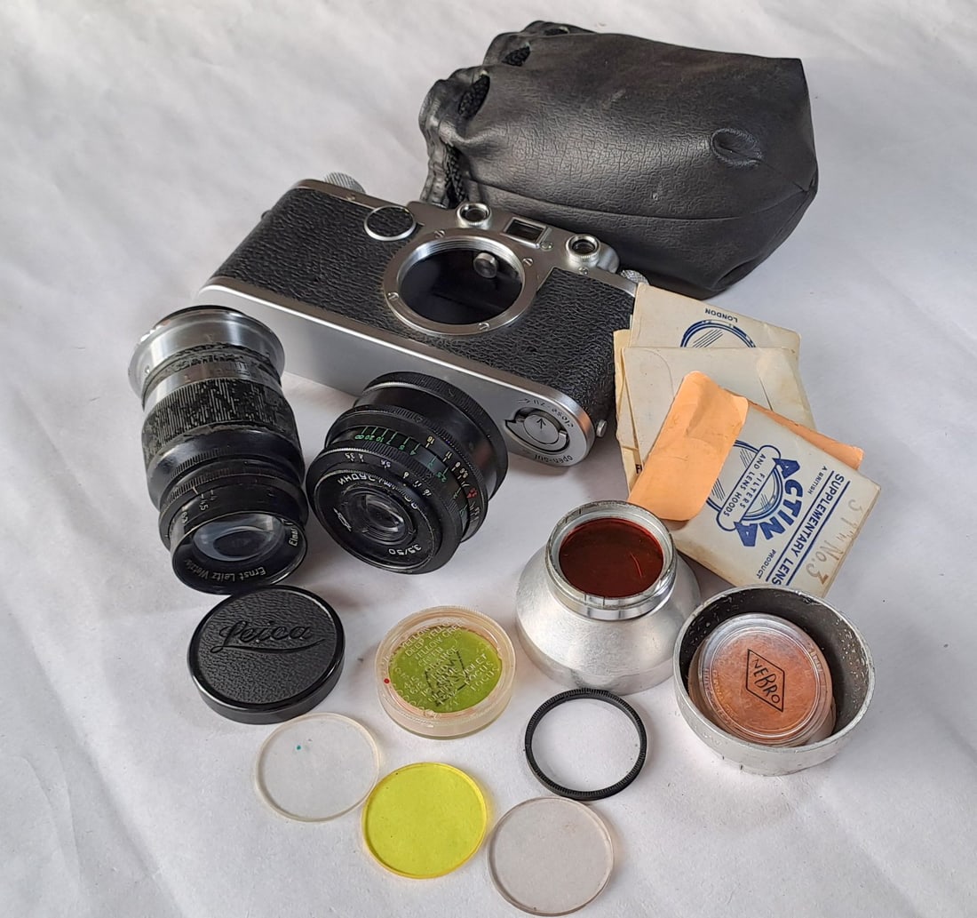 Vintage Leica IIf Rangefinder Camera c1950s With Two Lenses, Filters, Case, Etc. - 9