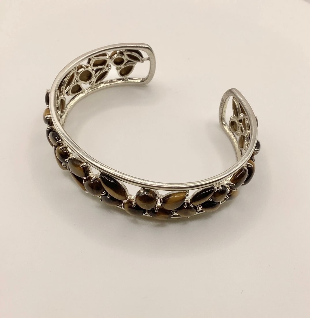 Stunning Vintage 925 Silver Tigers Eye Floral Vine Design Cuff Bangle 24.10g - 3