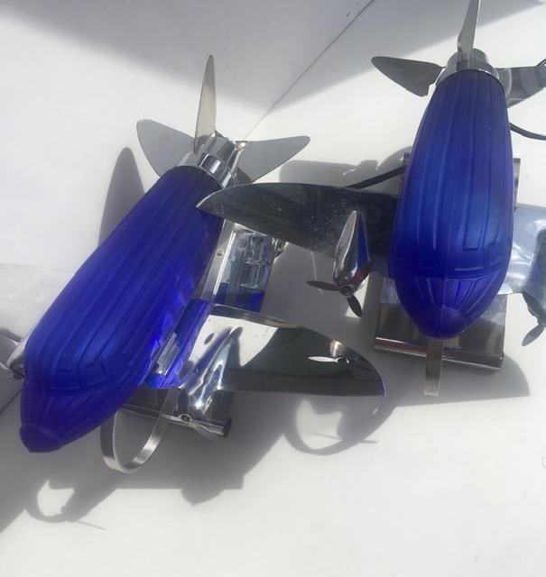 1978 Rare Imported ‘Pair of DC 3’ Desk/Table Lamps In Colbalt Blue Glass and Chrome, Sar - 18