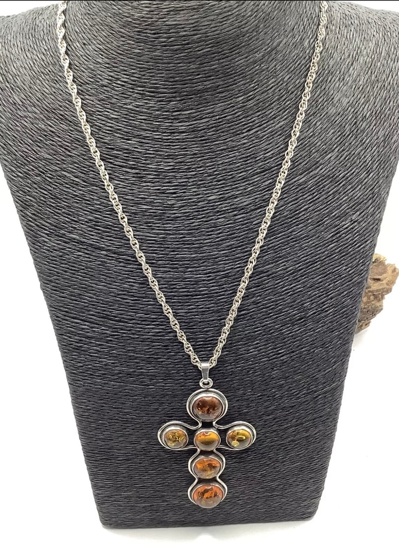 Vintage Large Baltic Amber Cross Pendant Necklace Weight 36gm Pendant Length 7cm Width 3cm Chai... (1 of 3)