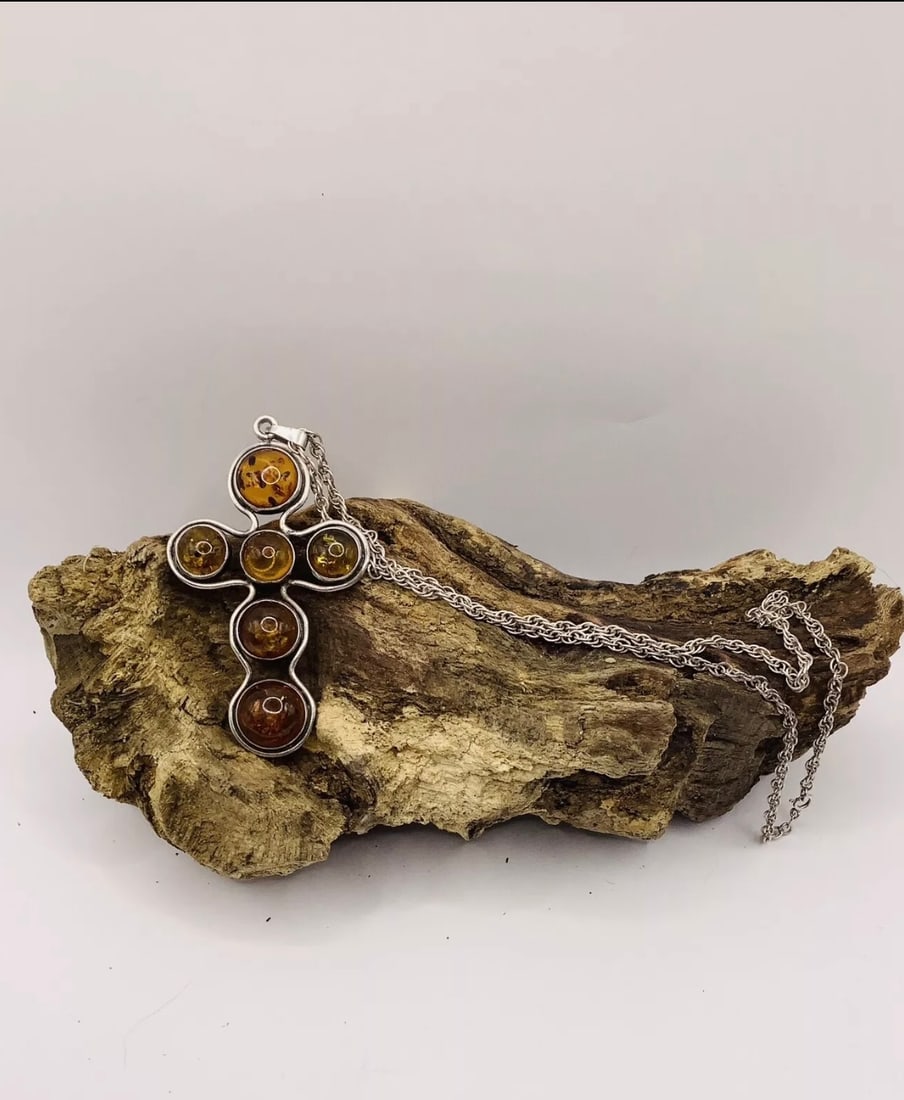 Vintage Large Baltic Amber Cross Pendant Necklace Weight 36gm Pendant Length 7cm Width 3cm Chai... - 3