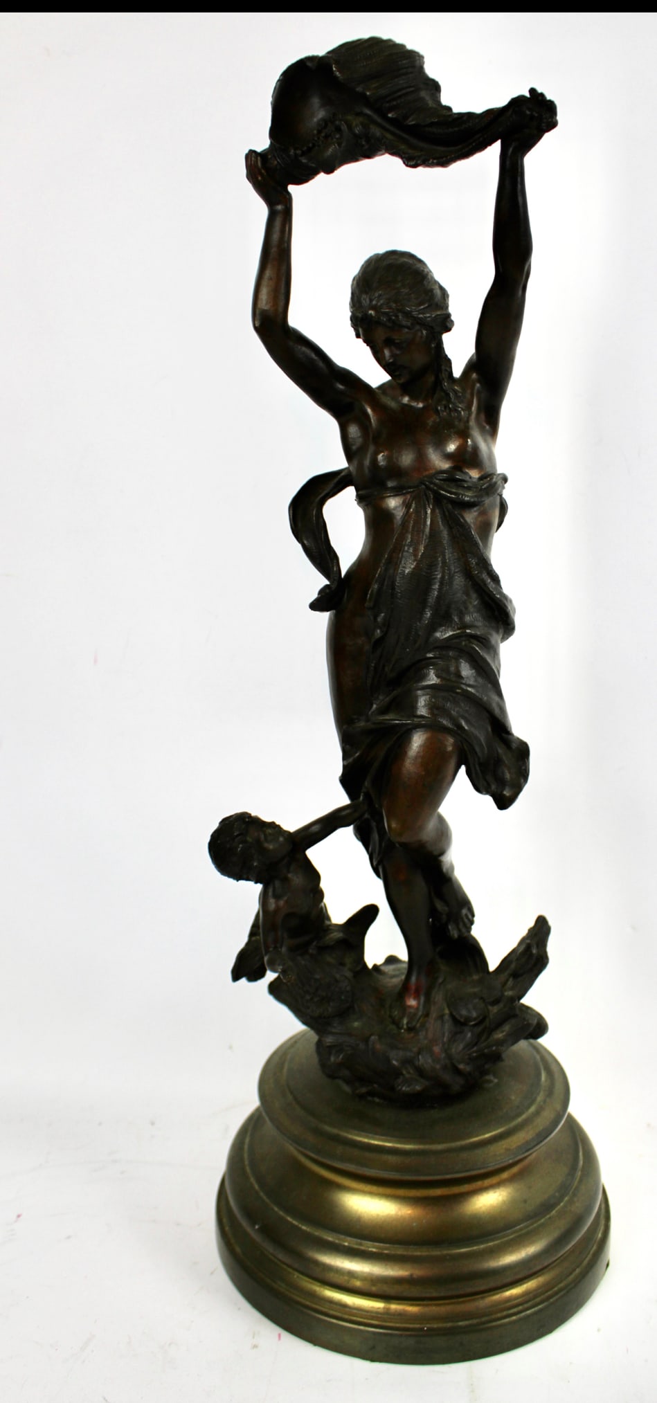 A Decorative Bronzed Figure of Woman and Mermaid H 61cm: Title: A Decorative Bronzed Figure of Woman and Mermaid H 61cm Description: A Bronze sculpture representing an allegony of the sea, featuring a lady holding a conch shell and a merma