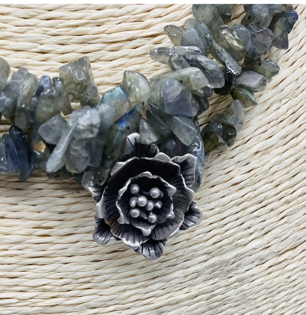 Vintage Multi Strand Labradorite Chip Bead Sterling Silver Rose Pendant Necklace 82g - 2