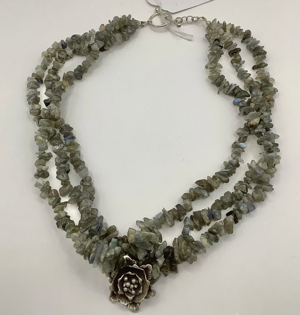 Vintage Multi Strand Labradorite Chip Bead Sterling Silver Rose Pendant Necklace 82g - 3