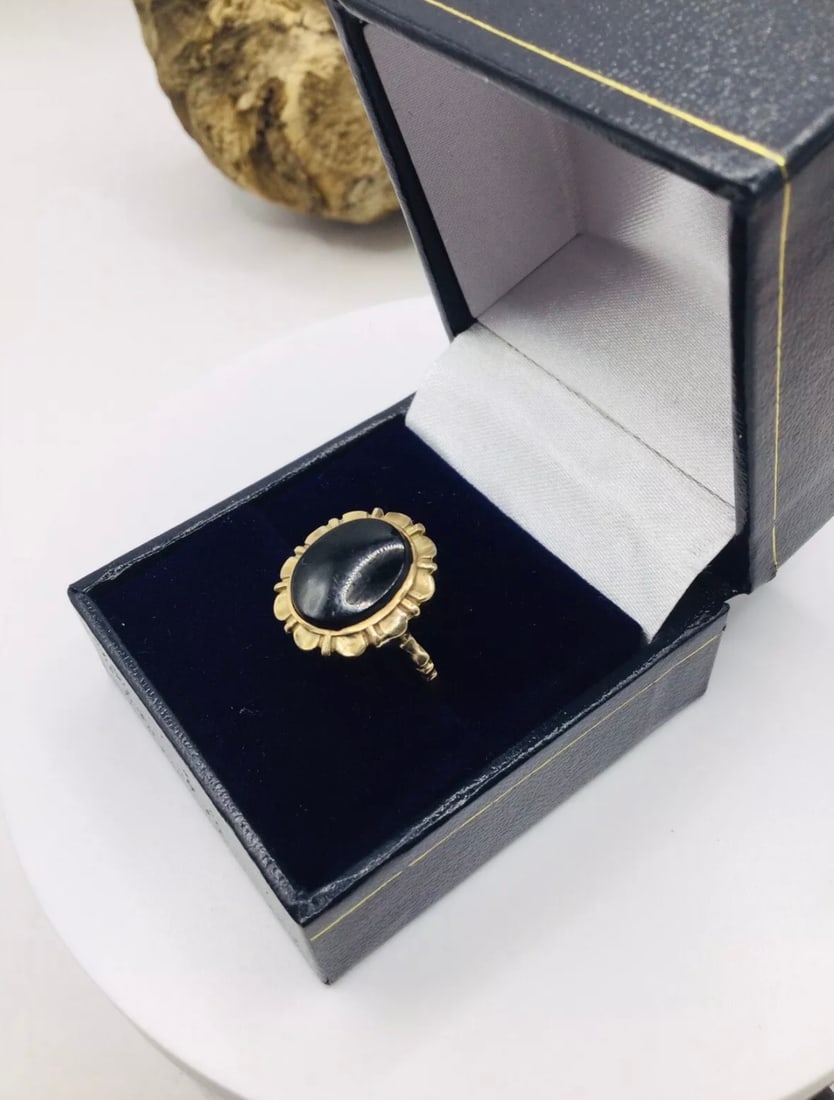 Vintage 10 Ct Gold Black Onyx Solitaire Dress Ring UK Size M US6 Eu 53 3.8g - 2
