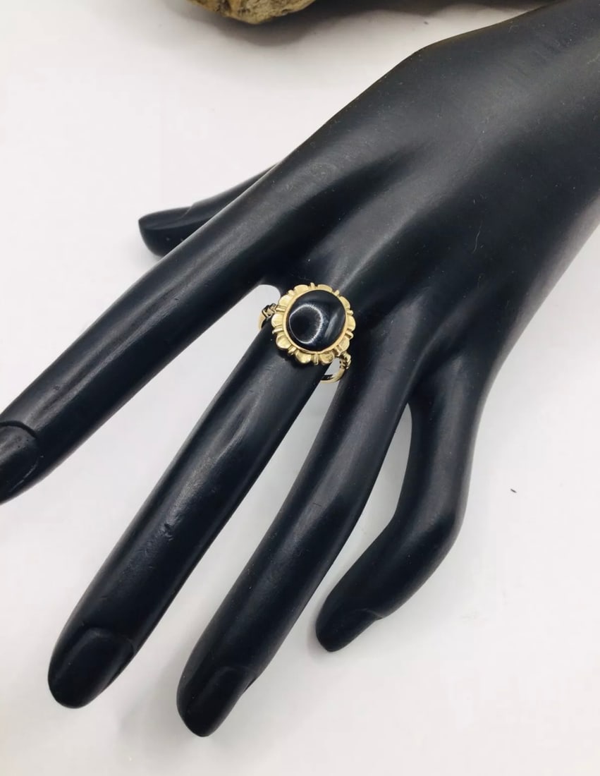 Vintage 10 Ct Gold Black Onyx Solitaire Dress Ring UK Size M US6 Eu 53 3.8g - 3