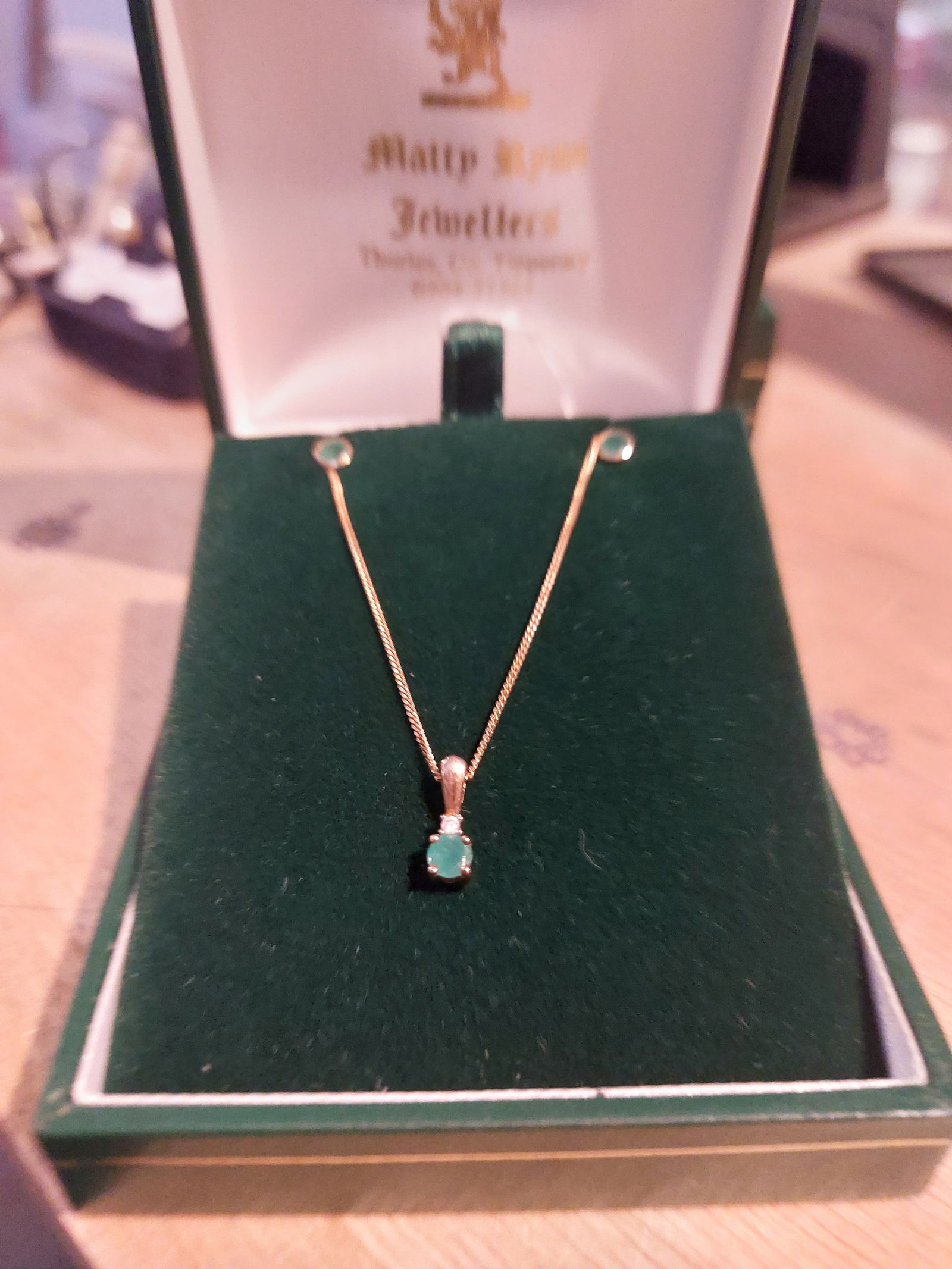 Gold, Diamond and Emerald Pendant, Earrings and Chain - 2